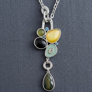 Lia Sophia Azure Retired Statement Necklace Multi-Stone Teardrop Silver Tone
